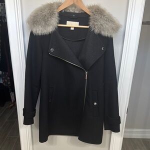 Michael Kors Wool Women's Black Coat with Faux Fur Removable Collar